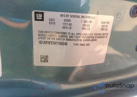 2010 Chevrolet Cobalt Lt из США, поврежденный, VIN 1G1AF5F57A7190240